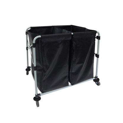 Collapsible laundry cart with two black 150L vinyl bags on grey steel frame
