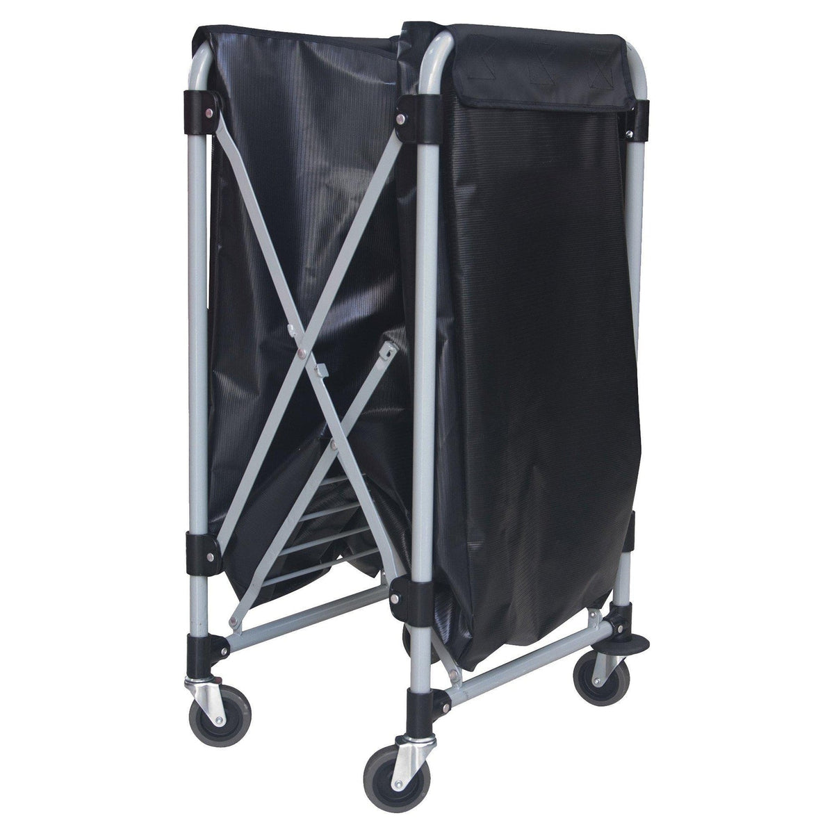 Collapsible laundry cart partly folded showing X-frame and castor wheels