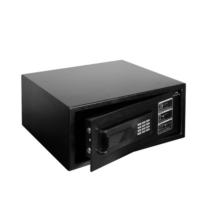 Black safe box with digital keypad on a white background