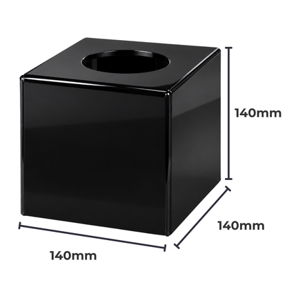 Glossy black acrylic tissue box with tissue dispensing from top opening