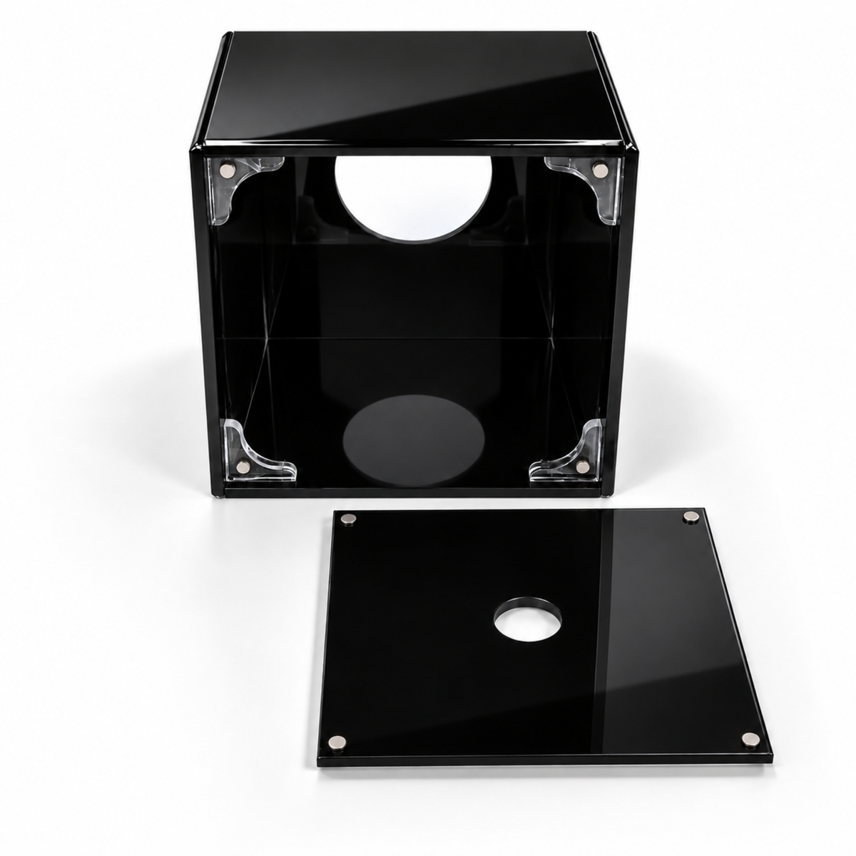 Front view of glossy black acrylic tissue box