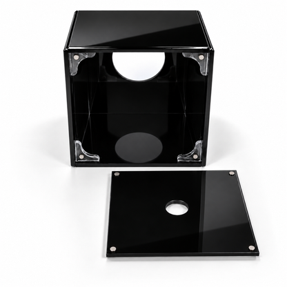 Front view of glossy black acrylic tissue box