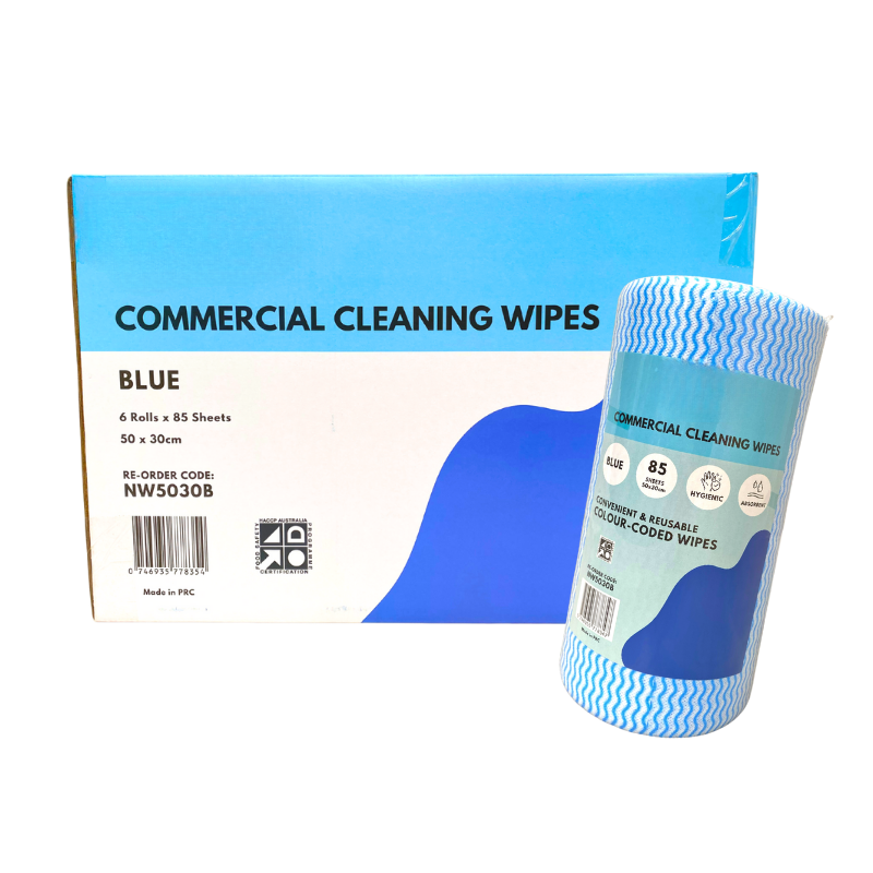 Blue Cleaning Wipes Roll – Heavy Duty Food Safe (50cm x 30cm, 85 Sheets, Carton of 6)