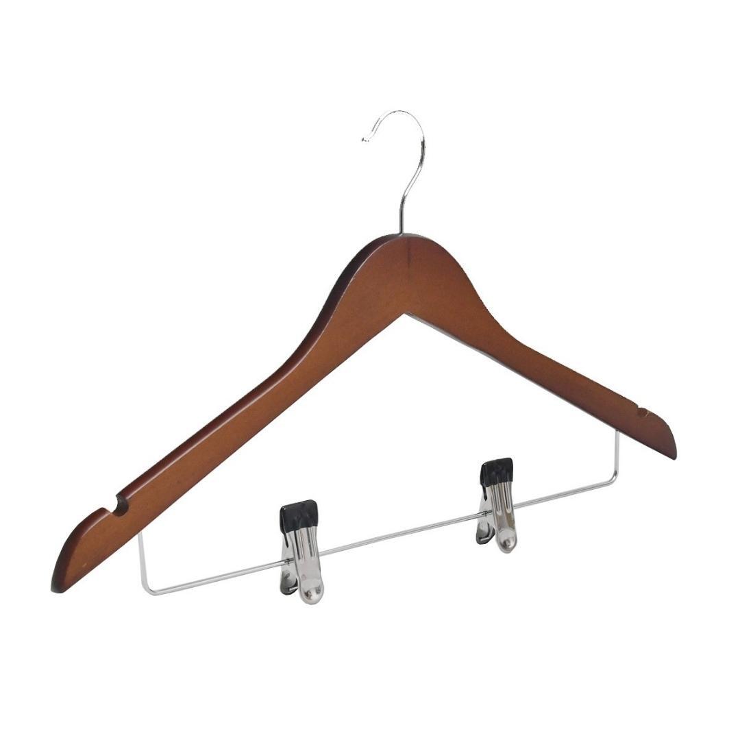 Cherry Wood Normal Cloth Hanger With 2 Clips - Brown Pack