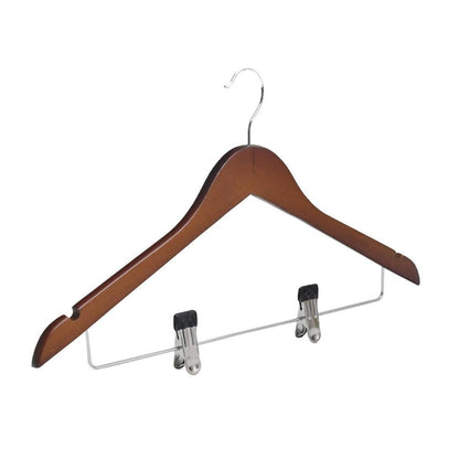 Cherry Wood Normal Cloth Hanger With 2 Clips - Brown Pack